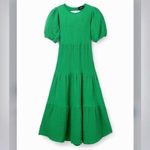 Desigual Green Textured Open Back Tiered Puff Sleeve Dress NEW